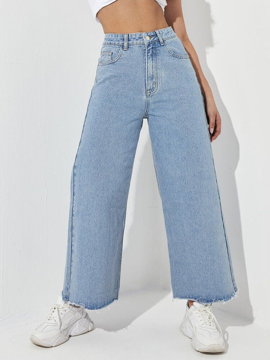 ice blue raw hemmed wide leg jeans