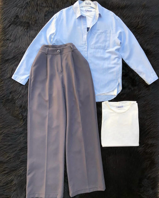 grey formal pants with skyblue button down shirt