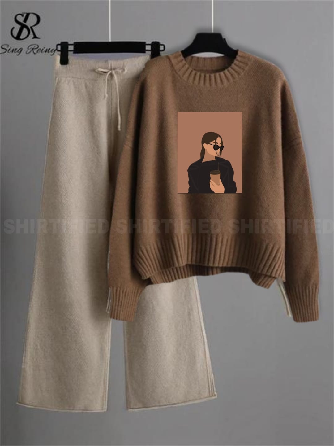 beige flapper with brown sweatshirt coffee girl