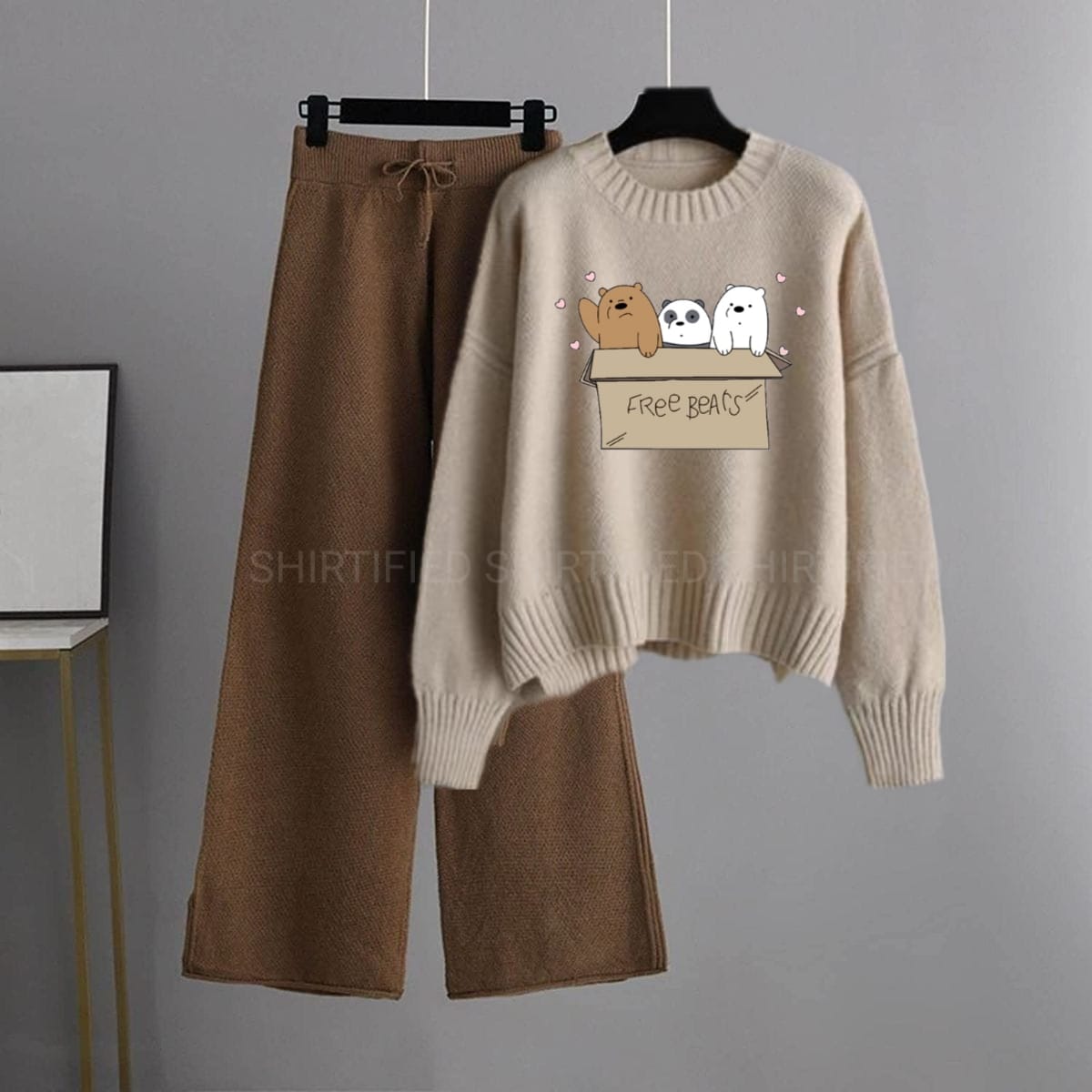 brown flapper with beige free bears sweatshirt