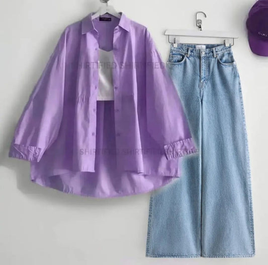 Lilac Button down shirt with jeans and inner