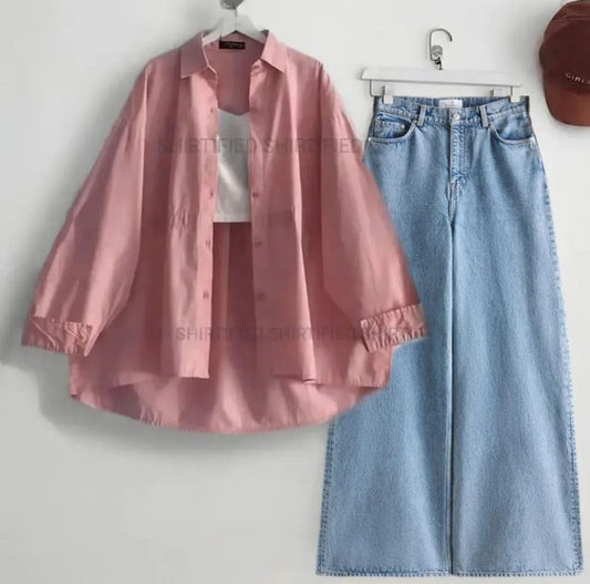 Tea pink Button down shirt with jeans and inner