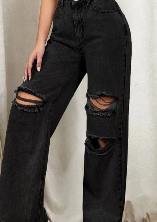 Black Washed High Waisted Ripped Denim Jeans