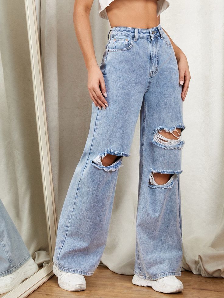 Light Washed High Waisted Ripped Denim Jeans